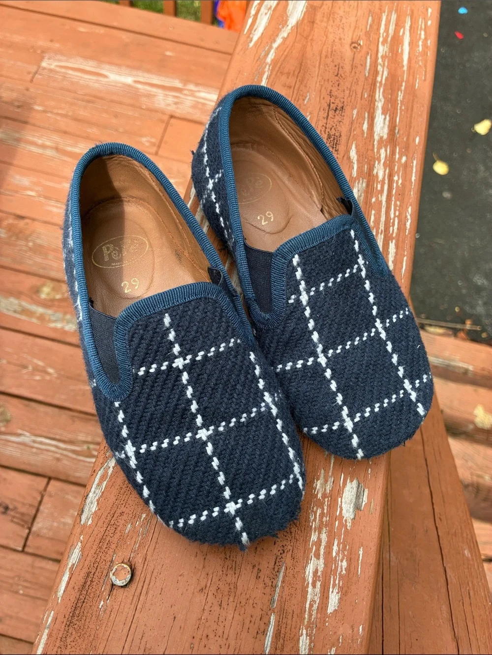 Pepe Navy and White Plaid Kids Moccasins